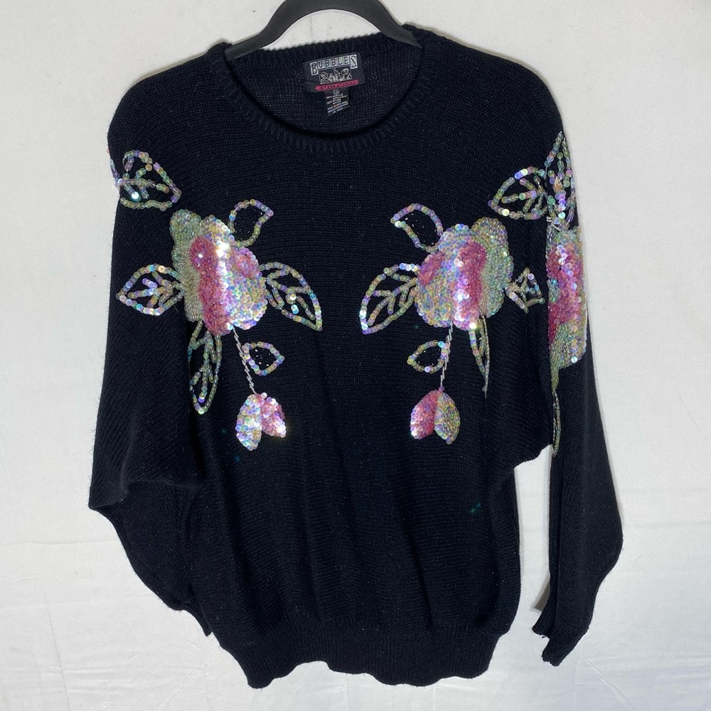 Vintage Bubbles Black Knit Sweater W Pink Sequin Flowers Cottagecore Grannycore